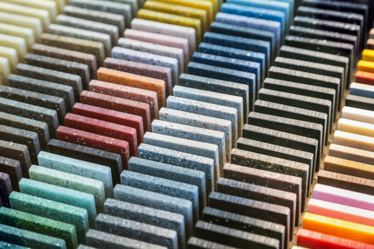 Viele aneinander gereite Acrylsteinmsuter in verschiedenen Farben.